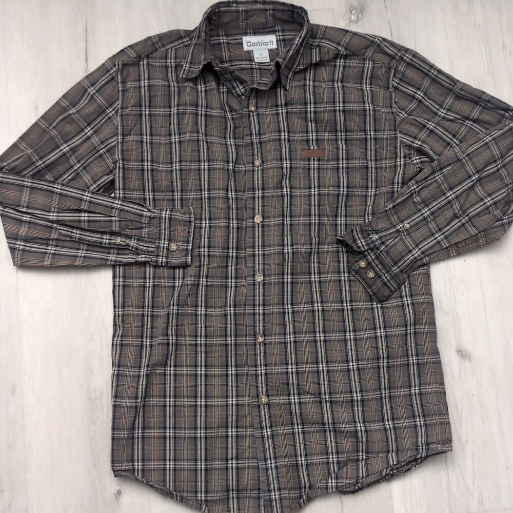 CARHARTT CLOTHING BUTTON DOWN SHIRT MENS LARGE TALL GRAY BLACK WORKWEAR